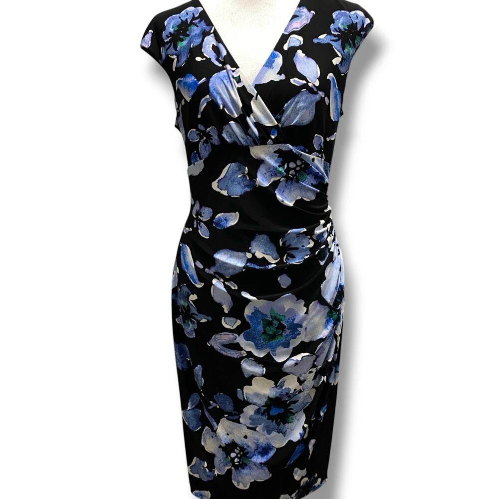 LAUREN Ralph Lauren Dress Size 12 Blue Floral Print Stretch Poly Sleeveless